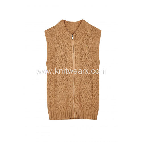 Women's Knitted Zip Through Cable Vest Cardigan